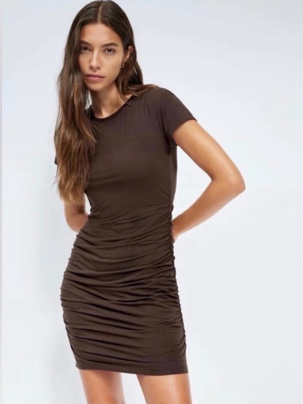 Aritzia Babaton Contour Ruched Side T-shirt Dress in Brown